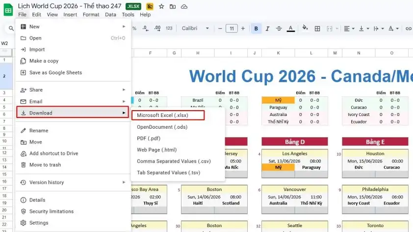Hình ảnh hướng dẫn tải lịch thi đấu World Cup 2026 file Excel